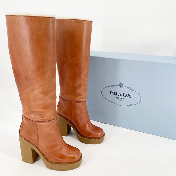 NWB Prada Cognac Shearling Lined Platform Chunky Block Heel Tall Boot IT 38 - Picture 1 of 15